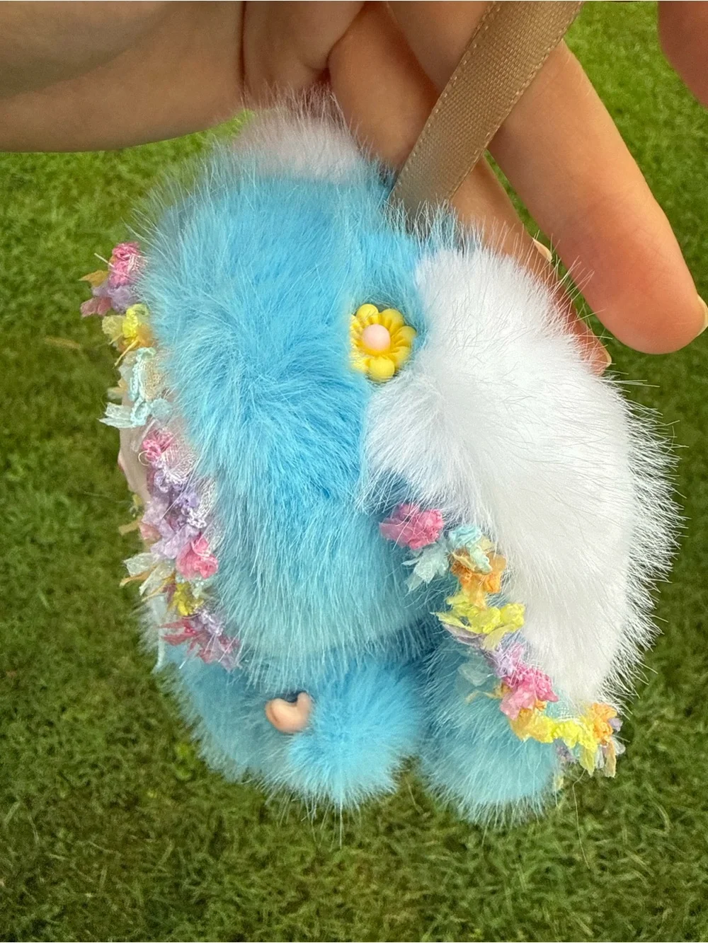 Adorable Blue Plush Bunny Keychain with Floral Trim backpack charm for birthday
